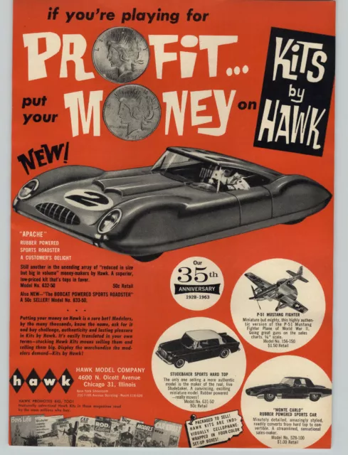 1963 PAPER AD Hawk Model Kit Apache Rubber Band Power Sports Car Mustang Fighter