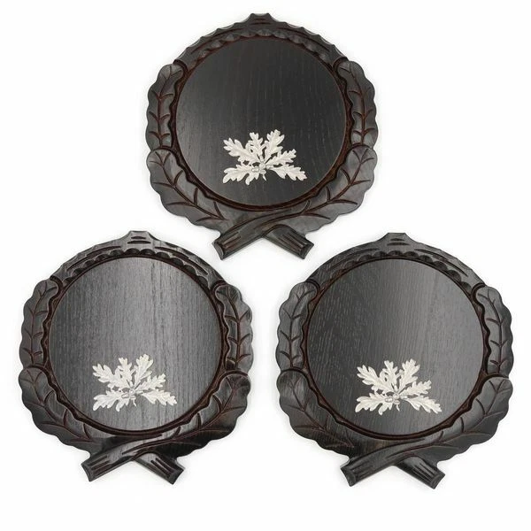 3 X Placa de Jabalí Tallado Oscuro Af 17,5cm Con 3 Pieza 6-blättrigen Hoja Roble