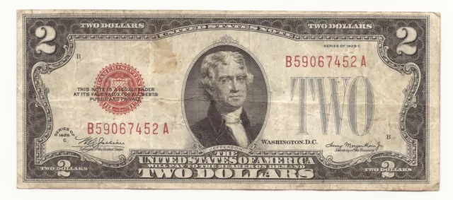 1928-C Red Seal $2 Dollar Bill UNITED STATES NOTE 452A-OP