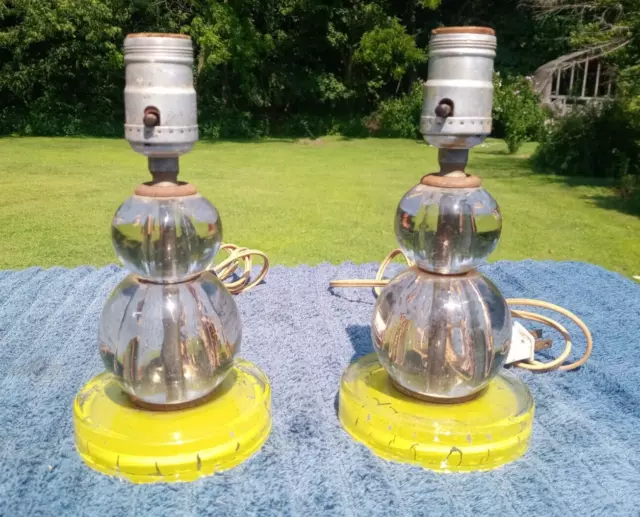 Set 2 - Pair 1950s 60s MCM Vintage Green Heavy Glass Ball Lamp Set - Working!