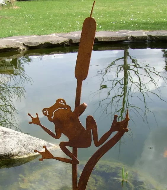 FROSCH IM SCHILFROHR Gartenstecker Gartendekoration Teich Bachlauf