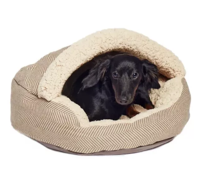 Plush Fleece Lined Deep Dish Herringbone Cave Pet Bed, 35” Mocha-Large