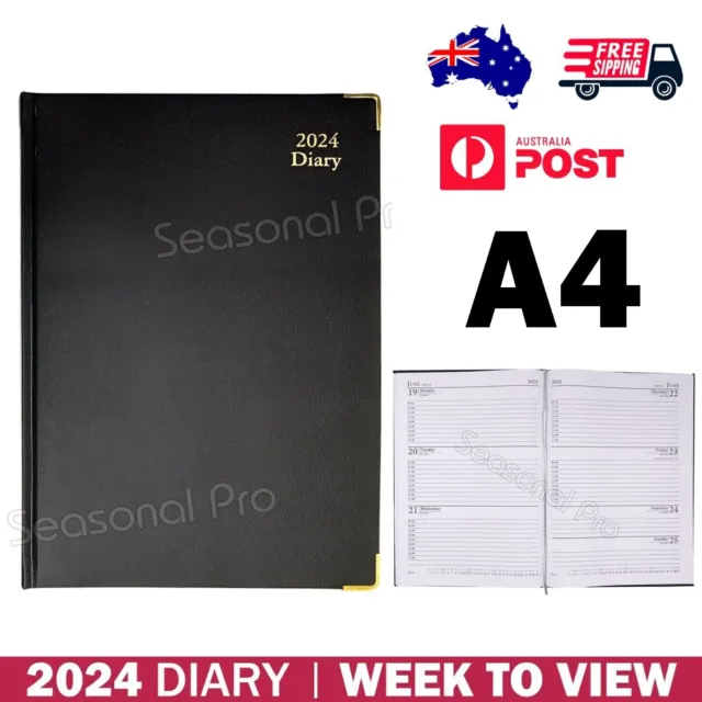2024 A4 Diary Week To View Black Gold Leather Cover School Business Office WTV