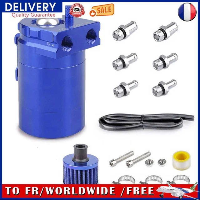 Baffled Car Oil Trap Catch Can Set with Air Filter Hose Fuel Tank (Blue)