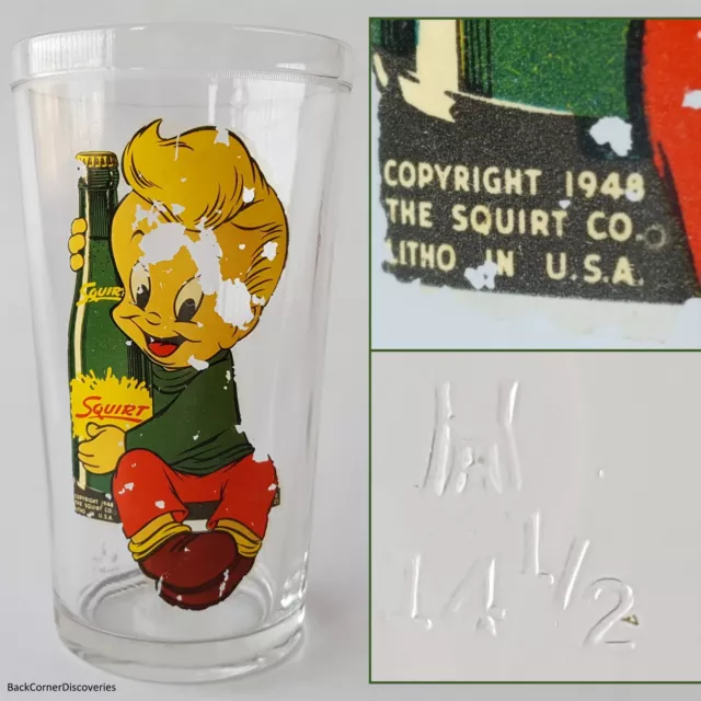 Vtg 1948 Squirt Soft Drink Lil' Squirt Boy Mascot 12-Oz Glass Tumbler. Soda Pop