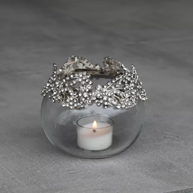 Vintage Teelichthalter Kugel Windlicht Metall Glas Silber Kerzenleuchter shabby