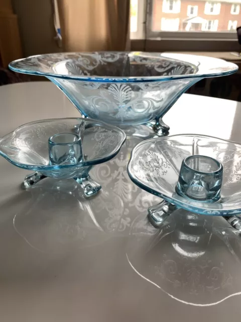 Fostoria  VERSAILLES Azure Blue Three-toed Candle holder Pair And Bowl