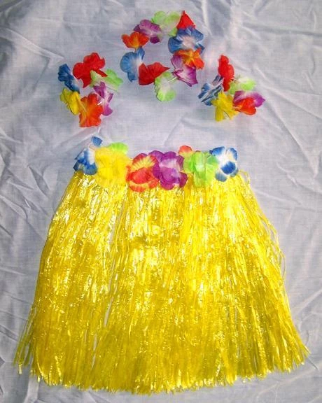 KIDS SIZE HAWAIIAN HULA YELLOW SKIRT PARTY SET new childrens luau bracelet hat