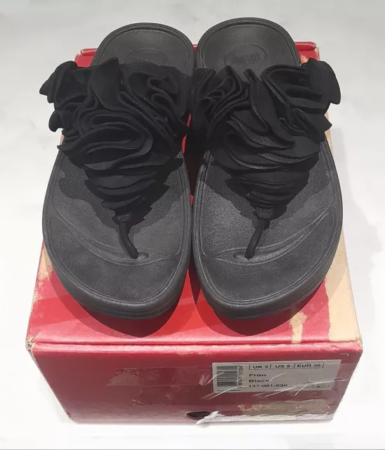 Fitflop Frou Size 3/36 Black Suede Ruffle Flip Flops Vgc In Box Free P&P