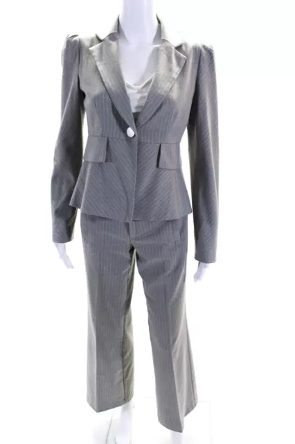 Nanette Lepore Womens Wool Striped Buttoned Blazer Pants Suit Set Gray Size 4