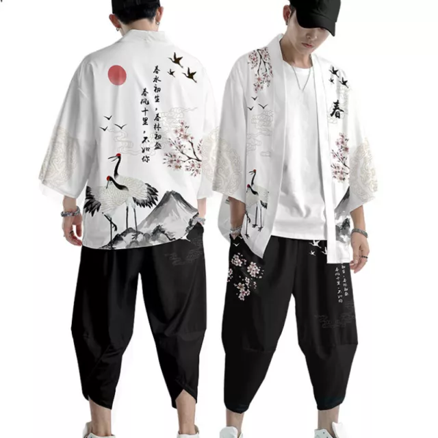 Uomo Crane Floreale Kimono Cappotto Giacca Top Pantaloni Giapponese Casual Larga