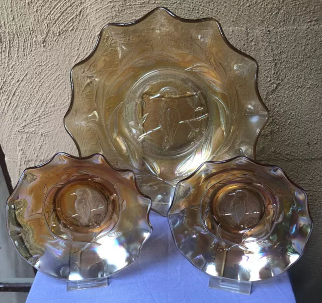 Australian Crown Crystal Kingfisher Carnival Glass Master Bowl And 2 Nappy's.