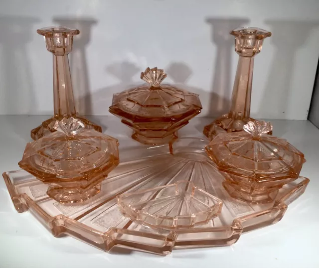 Vintage Art Deco 7 Piece Pink Moulded Glass Vanity Dressing Table Set