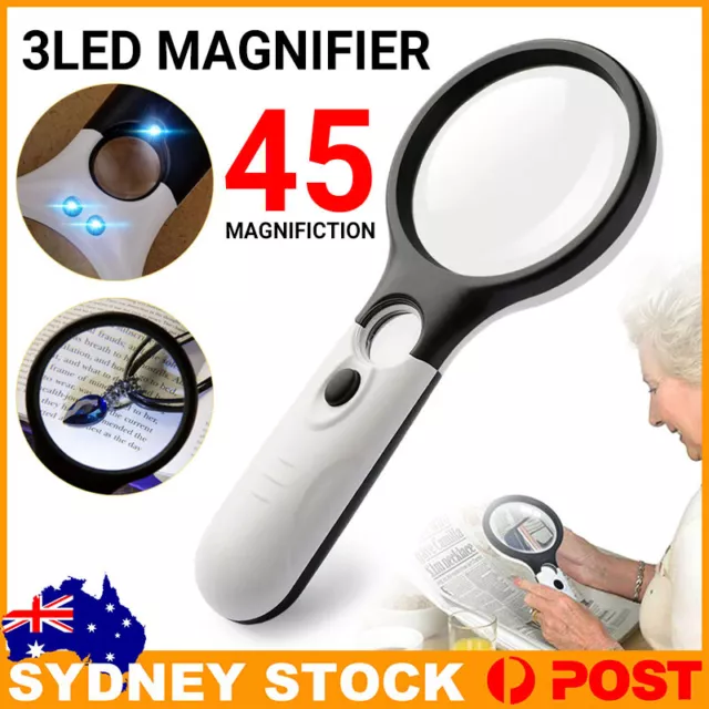 Handheld Magnifying Glass With 3LED Light 45X High Powe Illuminated Magnifier AU