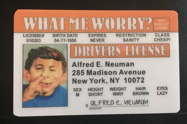 Alfred E Neuman MAD Magazine Drivers License Joke National Lampoon ID card