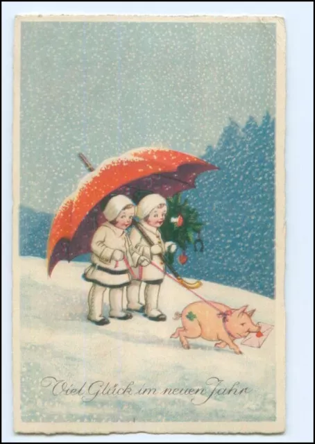Y26619/ Neujahr Kinder mit Schwein Litho AK 1927