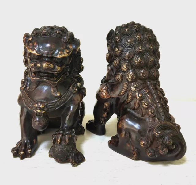 Vintage old Bronze Lions Door Fengshui Guardion Foo Fu Dog Lion Statue Pair