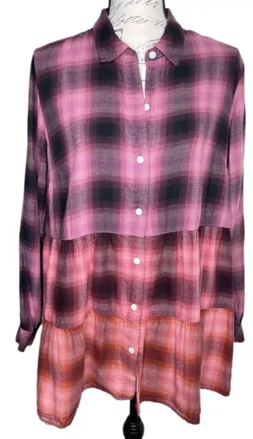 J Jill Long Sleeve Ombre Plaid Button Up  Tiered Tunic Shirt  Women’s Size M