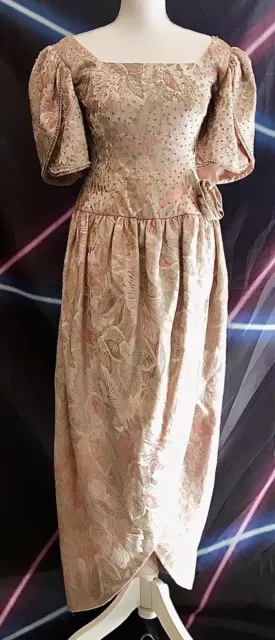 Vintage 80’s Dress Pink Brocade Puff Sleeve Prom Princess Ball Gown Costume Med