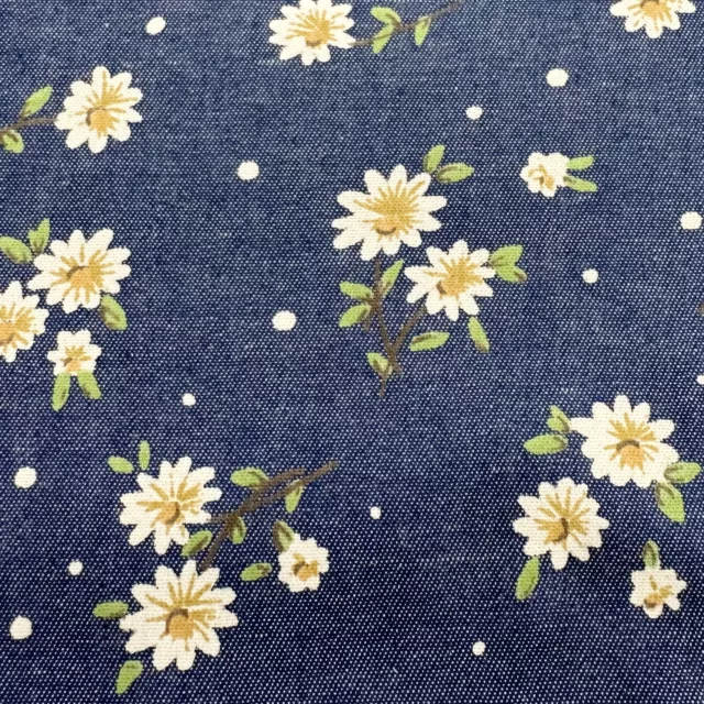 Cotton Denim Fabric - Pretty Daisy Floral Navy Blue - Dress Fabric Material