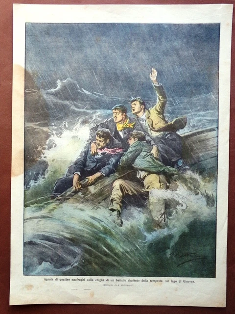 Retrocopertina Domenica Corriere nr. 30 del 1910 Naufraghi sul Lago di Ginevra