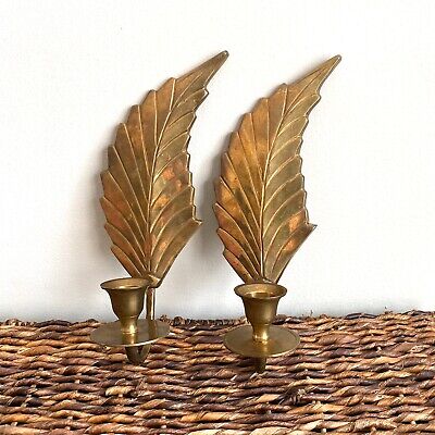 Pair Of Solid Brass Feather Shaped Wall Sconce Candle Holders Decor India Vtg