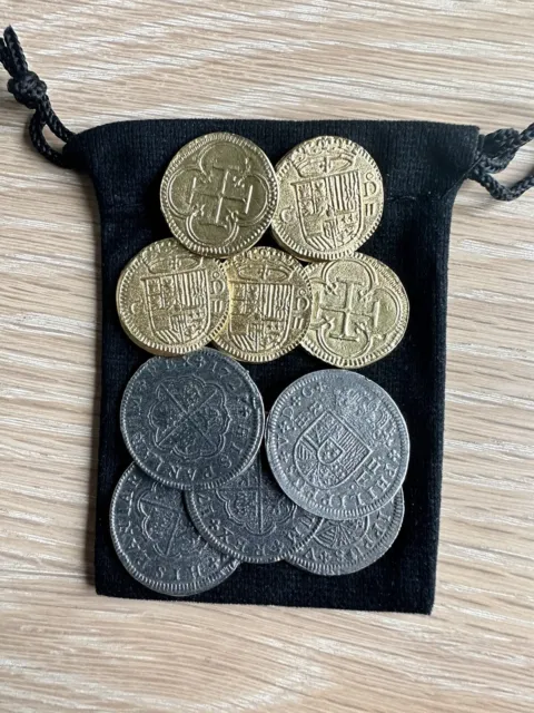 Pirate Treasure Coins Pieces Of Eight 5 Gold Doubloons 5 Silver 2 Reales In Bag