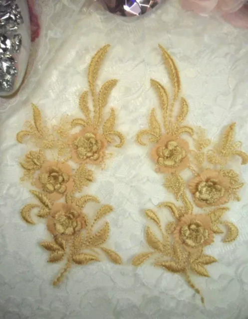 Embroidered 3D Appliques Gold Floral Lace Mirror Pair 8" (DH92) DIY Sew on Motif