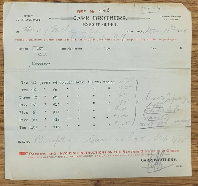 1905 Billhead New York City Carr Brothers Cotton Hank Export Order