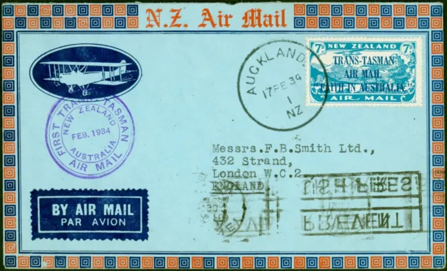 Nueva Zelanda 1934 7d SG554 1st Trans Tasman Correo Aéreo Cubierta A Inglaterra