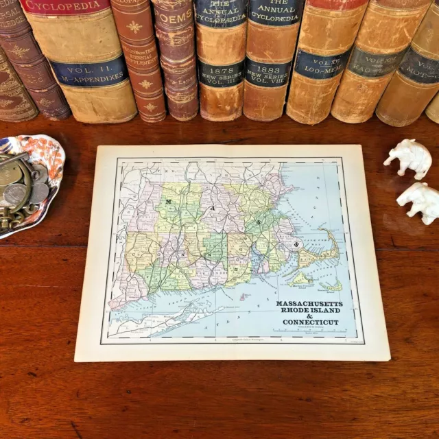 Original 1882 Antique Map MASSACHUSETTS CONNECTICUT RHODE ISLAND Boston Stamford