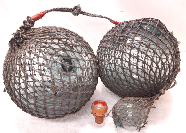 Vintage Japanese Working JOINED PAIR 9" GLASS FISHING FLOAT Net Nautical #28