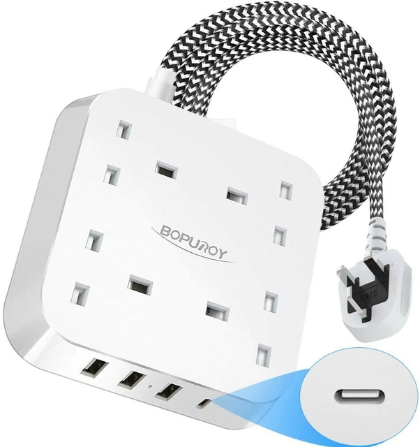 BOPUROY EXTENSION LEAD with USB Slots, 4 Way Outlets Power Strips with