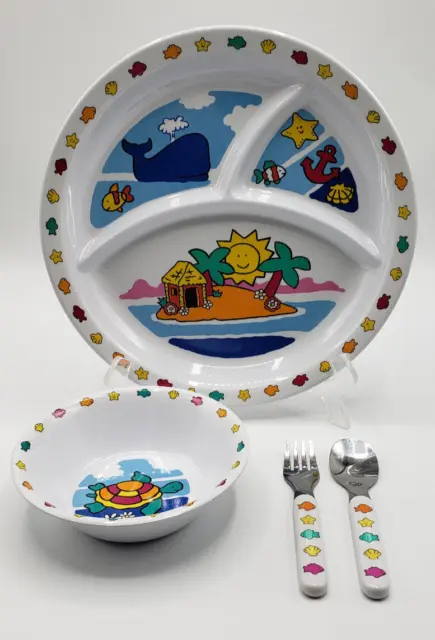 Child Melamine 4 piece Dish Set  Divided plate, Bowl, fork and spoon ~ Ocean Sea
