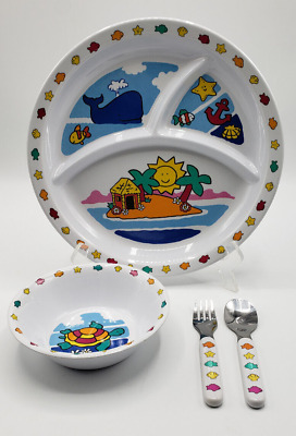 Juego de platos de melamina infantil de 4 piezas plato dividido, tazón, tenedor y cuchara ~ mar océano