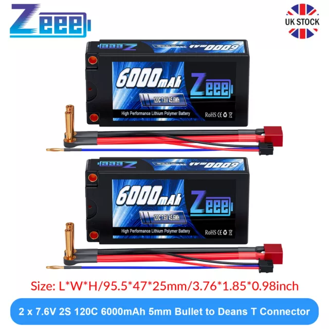 2x Zeee 2S Shorty Lipo Battery 6000mAh 7.6V 120C 5mm Bullet to Deans for RC Car