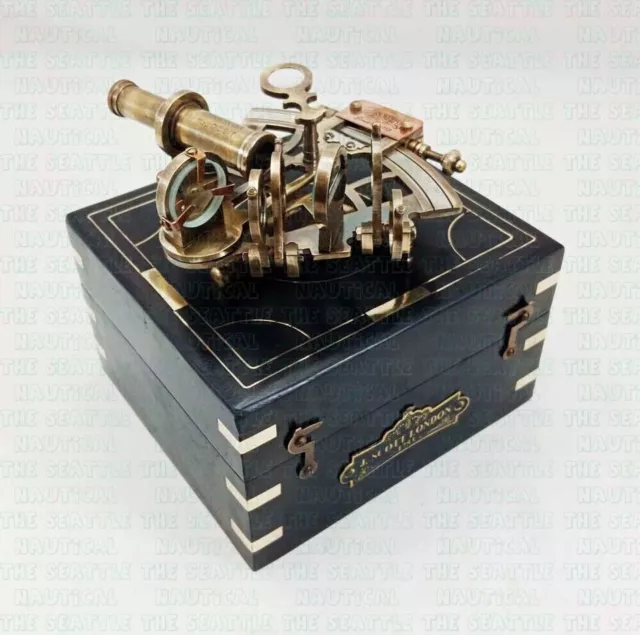 Antique J.Scott brass nautical 4" sextant maritime compass with wooden box gift 2