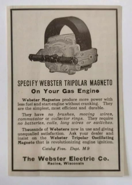 1914 Webster Tripolar Oscillating Magneto Advertisement Racine, Wisconsin