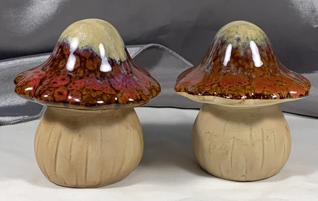 Whimsical Set Of 2 Mushrooms Red Brown Glaze Top Ceramic Home Or Garden Pottery