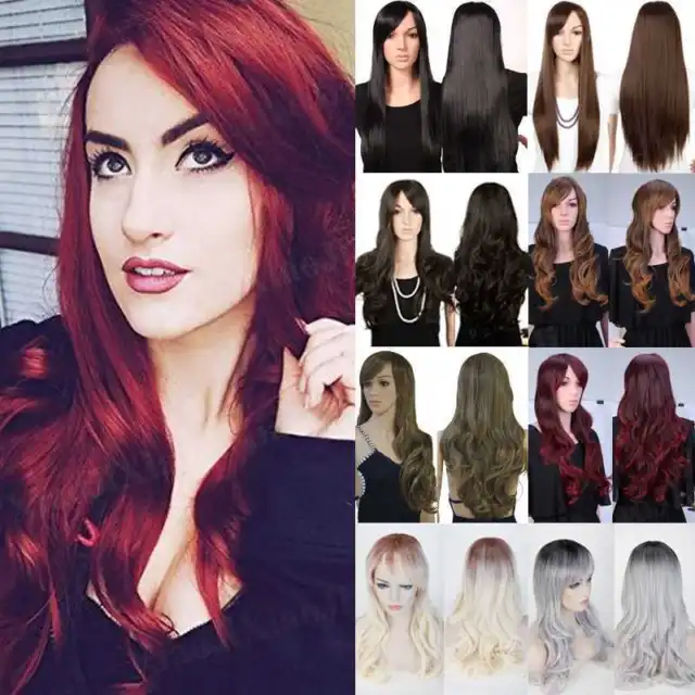 Long Ombre Costume Party Wigs Real Soft Women Hair With Bangs Heat Resistant Y1
