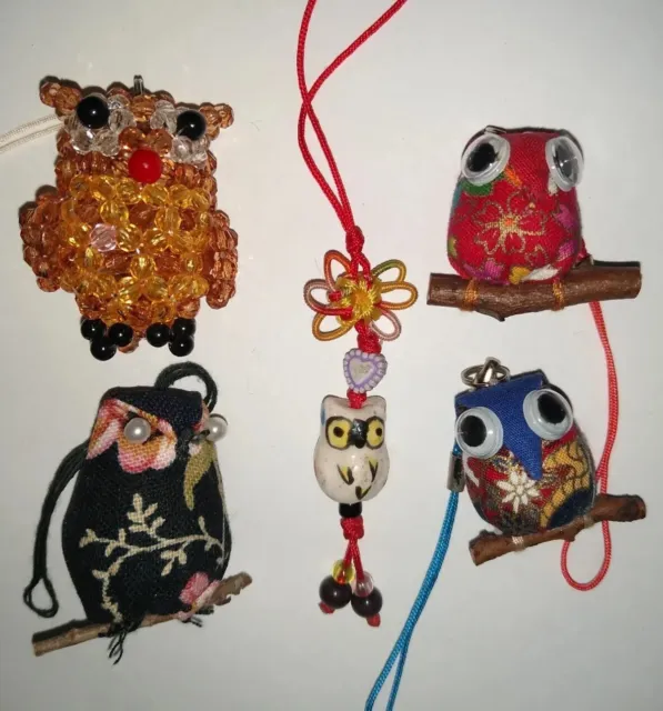 (Lot of 5) Handmade Owl Phone Charm Bag Keychains Crafts Beads Fabric Clay Resin