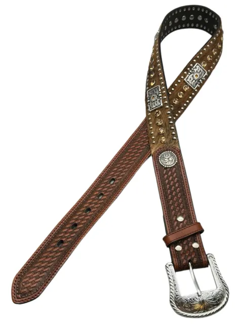 Nocona Mens Western Belt Size 32 Brown Leather Calf Hair Rhinestones Basketweave