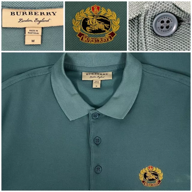 Mens BURBERRY LONDON VTG Short Sleeve  Polo Shirt Embroidered Logo Green MEDIUM