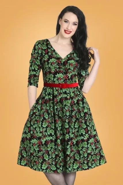 Hell Bunny 50s Holly Berry Swing Dress in Black Large Holiday Pleated Pockets