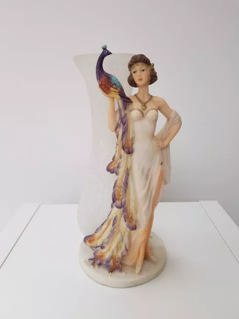 Tall Art Deco Lady Woman Figurine Ornament Statue Bronze Silver Feather Fan  38cm