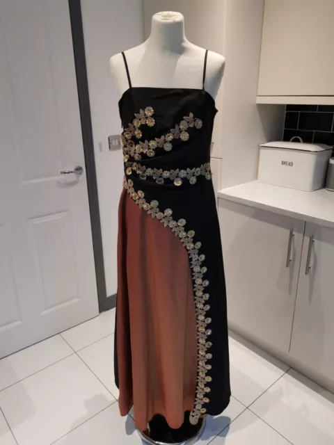 CHERLONE Satin Long Dress Size UK 12 Black, orange, gold sequin, strappy, zip