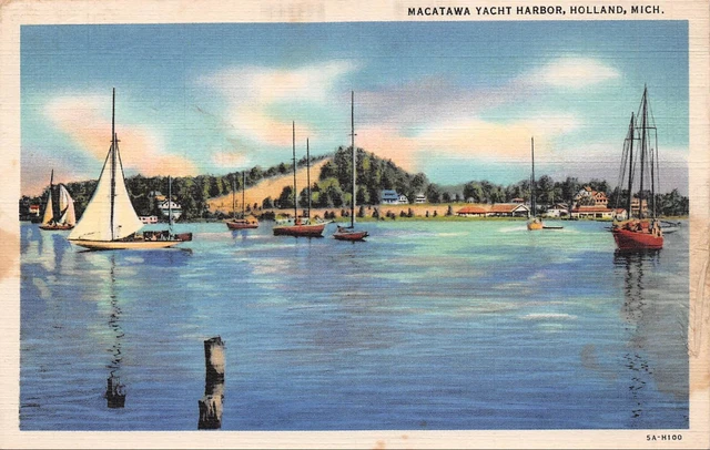 Holland MI Michigan Lake Macatawa Yacht Harbor c1930 Postcard 4924