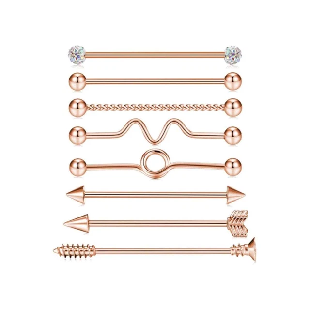 8 piece rose gold industrial barbell earring set rhinestone arrow NEW