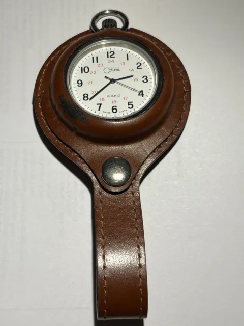 Colibri Quartz 2" Pocket Watch w/ Brown Leather Belt/Bag Pouch Case, New Battery