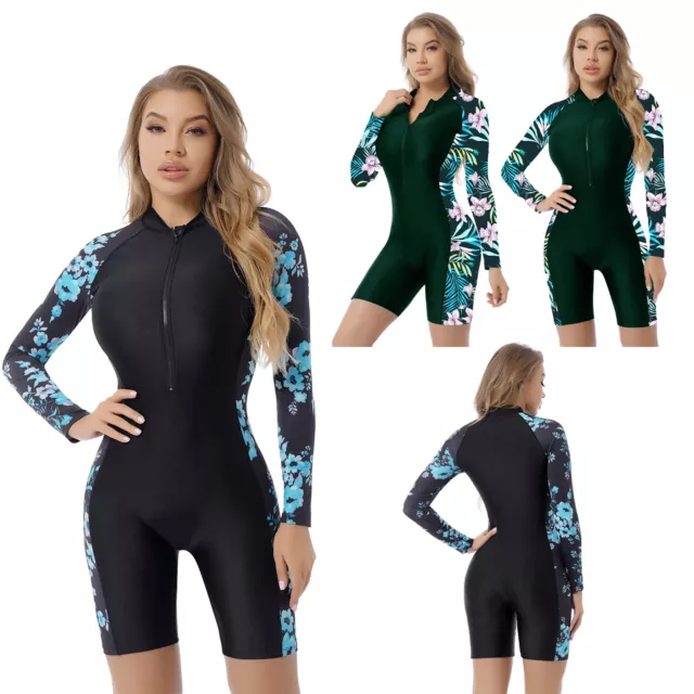 Womens Long Sleeves Swimwear Bathing Suit Zipper Surfing Jumpsuit Sport Swimsuit